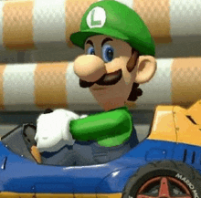 a cartoon character with a green hat and mustache is driving a blue and yellow race car .