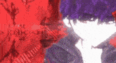 a man in a purple hat is standing in front of a red background