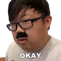 a man wearing glasses and a fake mustache has the word okay on his face