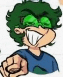 a cartoon of a boy wearing green glasses and a blue shirt pointing at the camera .