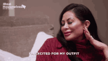 a woman sitting on a couch with the words i 'm excited for my outfit above her