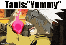a cartoon character is holding a pink object in his mouth with the words " tanis : yummy " above him .