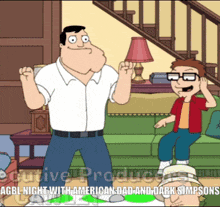 a cartoon of a man standing next to a boy on a green couch