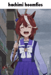 a picture of a girl with a horse 's head and the words hachimi hoomfies on the bottom