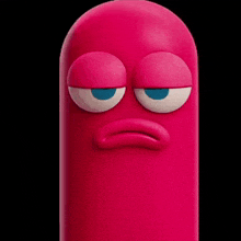 a close up of a pink cartoon character with a surprised look on his face