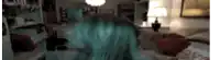 a woman with blue hair is sitting on a couch in a living room .