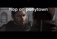 a screenshot of a video game with the words hop on ponytown on the bottom