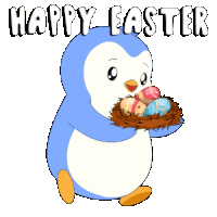 a penguin holding easter eggs in a nest with the words happy easter written above it