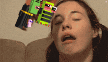 a pixelated image of a woman with her eyes closed and a minecraft character behind her