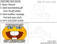 a picture of a smiley face with the words wtf discord sex written on it