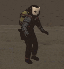 a person wearing a mask with a cross on it is standing on the ground