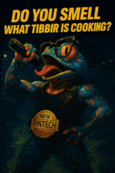 a frog singing into a microphone with a belt that says new fintech on it