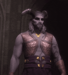 a man with horns and a tattoo on his arm is wearing a purple vest