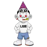 a cartoon monkey wearing a party hat and sunglasses has the word live on his shirt
