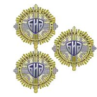 three gold and silver emblems with the letters ghb around them