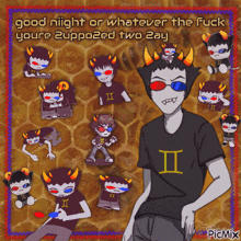 a picture of a troll with the words good night or whatever the fuck you 're supposed two zay