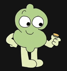 a green cartoon character is pointing at a coin
