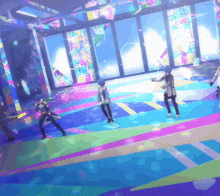 a group of people are dancing in a colorful room with stained glass windows