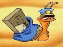a cartoon snail is wearing a police hat and holding a box .