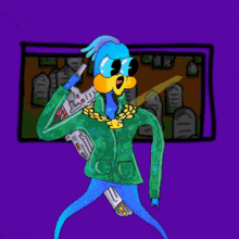 a cartoon drawing of a bird holding a gun with the word sur behind it