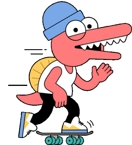 Pink Dinosaur Rides Skateboard And Waves Sticker - Skater Dinos Big Eyes Sharp Teeth Stickers