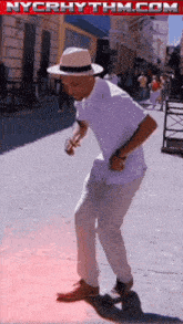 a man wearing a hat is dancing on a street with nycrhythm.com in the upper right corner