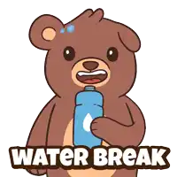 a cartoon of a teddy bear holding a can of water and the words water break below it
