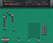 a video game called kaizen is being played on a green tile floor