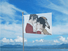 a flag with a picture of a man and a dog on it against a blue sky