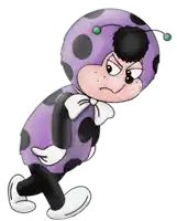 a purple ladybug with black spots and a white bow tie