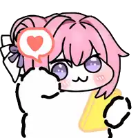 a drawing of a girl with pink hair and purple eyes with a heart in a speech bubble
