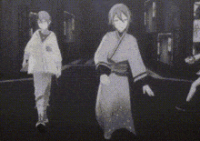 a black and white drawing of two people walking in a dark room .