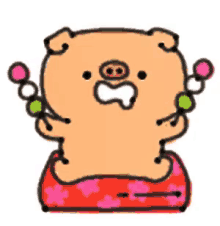 a cartoon pig is sitting on a pink pillow and holding a bunch of balls in its hands .