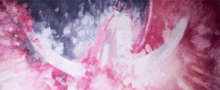 a painting of a woman in a white dress surrounded by pink and purple clouds
