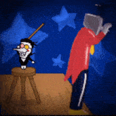 a pixel art drawing of a man in a red tuxedo standing next to a small cartoon character on a stool .