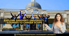 a group of people jumping in front of a building that says sanskriti university