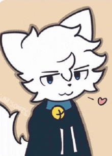 a drawing of a white cat with blue eyes wearing a black shirt and a heart .
