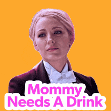 a sticker of a woman with the words mommy needs a drink on it