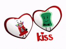 a gumball machine and a soap dispenser are in a heart shaped frame with kiss written in red