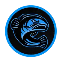 a blue and black fish is in a blue circle on a black background