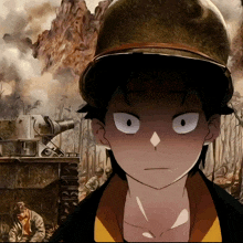a painting of a boy wearing a helmet with a cannon behind him