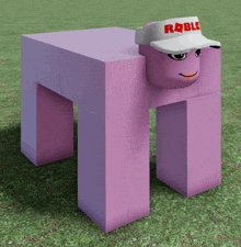 a pink block wearing a white hat with the word roblox on it