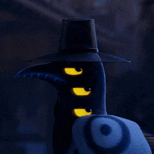 a cartoon character wearing a black hat and yellow eyes