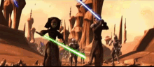 a group of cartoon characters are standing next to each other holding lightsabers .