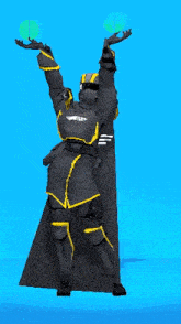 a man in a black and yellow armor with a cape is standing with his arms outstretched