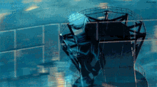 a computer generated image of a ship in the ocean with a fence around it