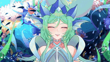 a pixel art drawing of a girl with green hair and a crown on her head