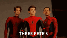 three men in spider-man costumes are standing next to each other and the words `` three pete 's '' are written above them .