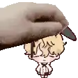 a hand is holding a cartoon character 's head with a hat on .