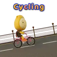 a yellow cartoon character is riding a pink bicycle with the word cycling above him